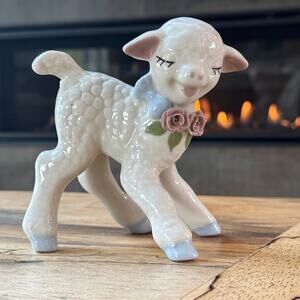 Vintage Cordelia China Co Lamb Figurine 1940s Nursery Ohio Pottery 4.75" Rose